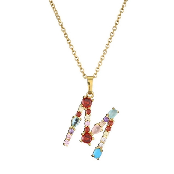 M Letter Pendant Necklace Rhinestones Gold Tone Chain - Picture 7 of 11